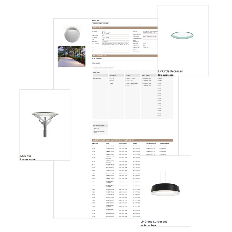 Product Configurator and Spec sheet for Louis Poulsen on NEOLighting.com website